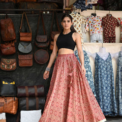 Khushal K Women's Maroon Printed Cotton Flared Maxi Skirt