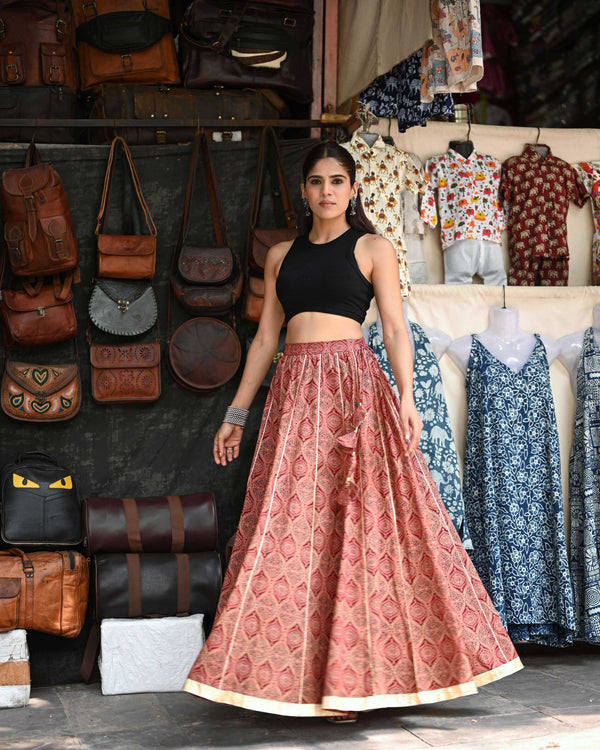 Khushal K Women's Maroon Printed Cotton Flared Maxi Skirt