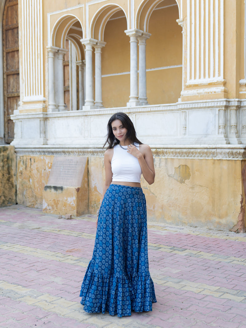 Khushal K Women's Blue Printed Cotton Flared Maxi Skirt