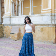 Khushal K Women's Blue Printed Cotton Flared Maxi Skirt