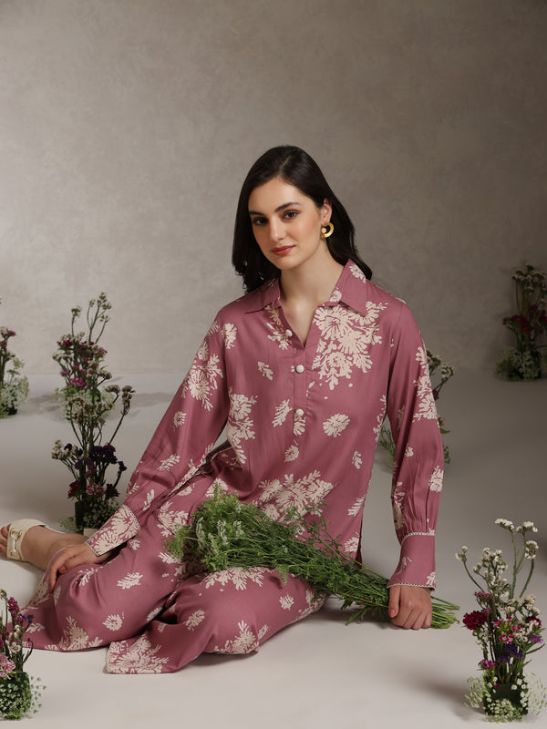 Floral Printed Mauve Co-ord Set with Flared Sleeves