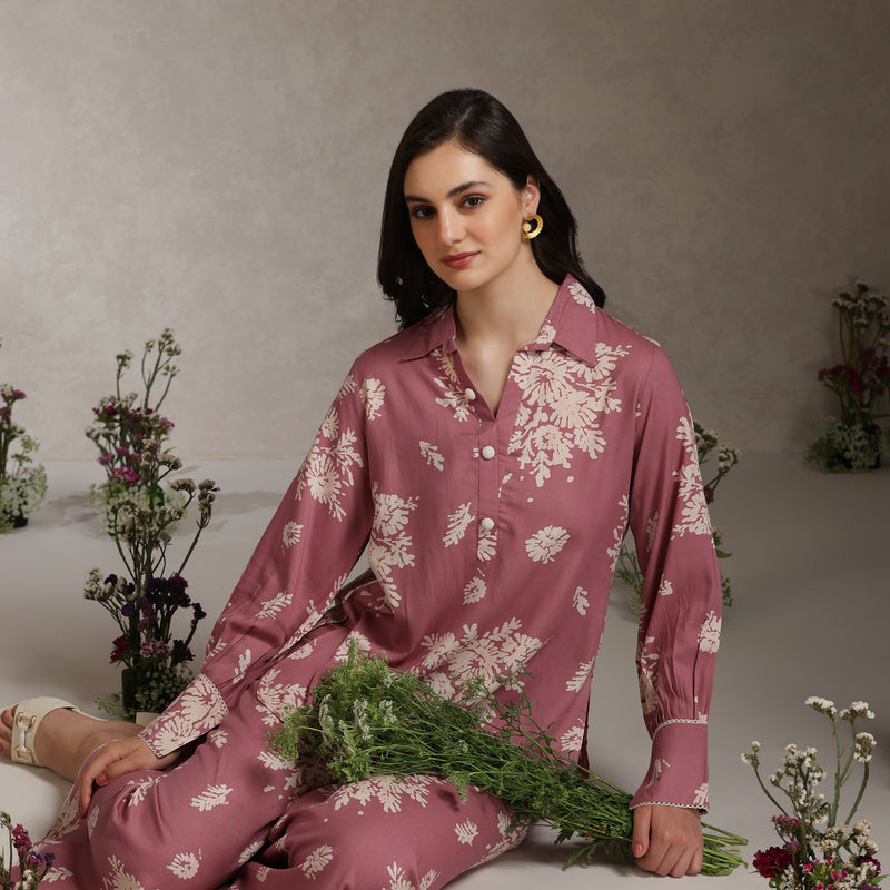 Floral Printed Mauve Co-Ord Set with Flared Sleeves - Pink - Khushal K - Image 4