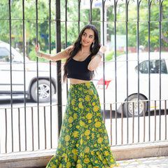 Khushal K Women's Green Printed Cotton Flared Maxi Skirt