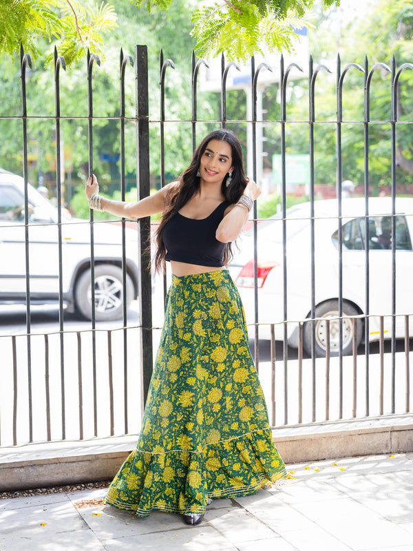 Khushal K Women's Green Printed Cotton Flared Maxi Skirt