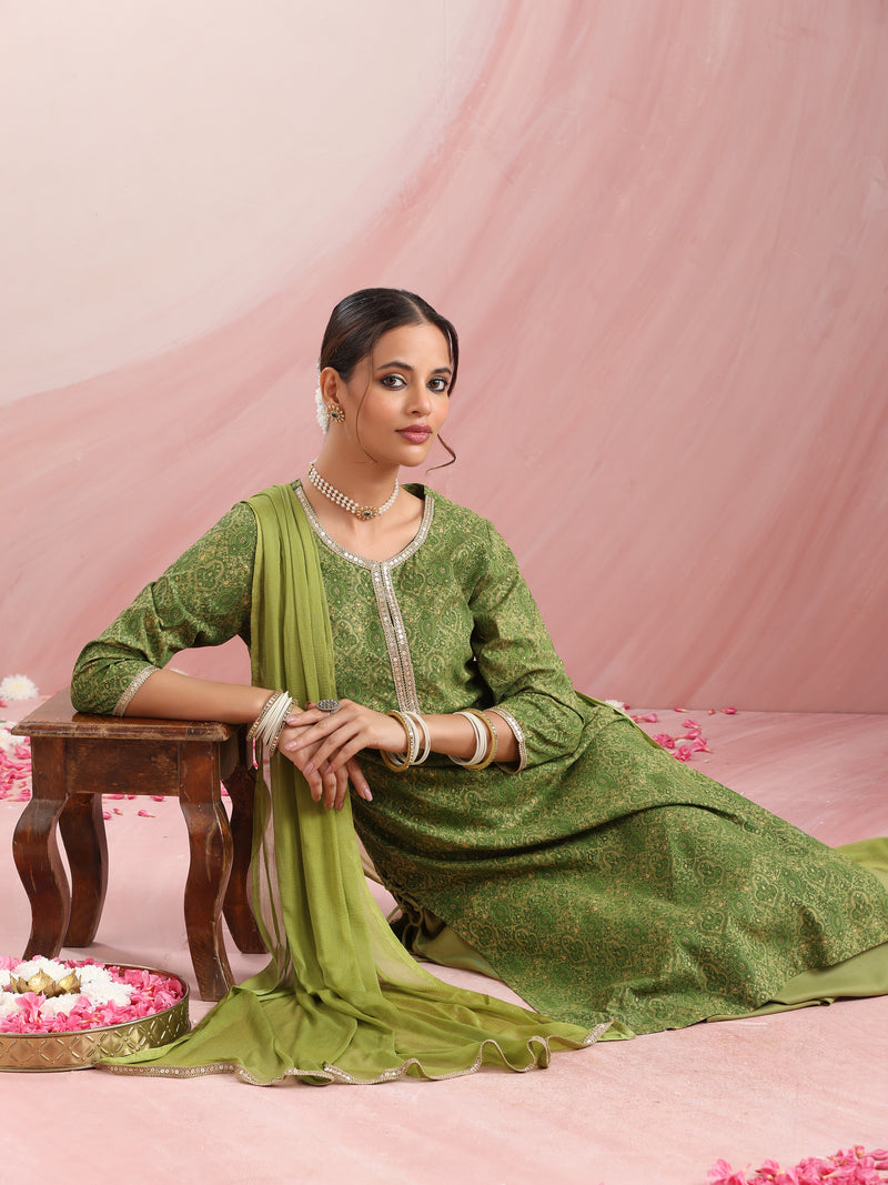 Ethnic Motifs Printed Round Neck Thread Work Kurta With Palazzos & Dupatta