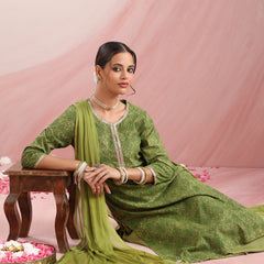 Ethnic Motifs Printed Round Neck Thread Work Kurta With Palazzos & Dupatta