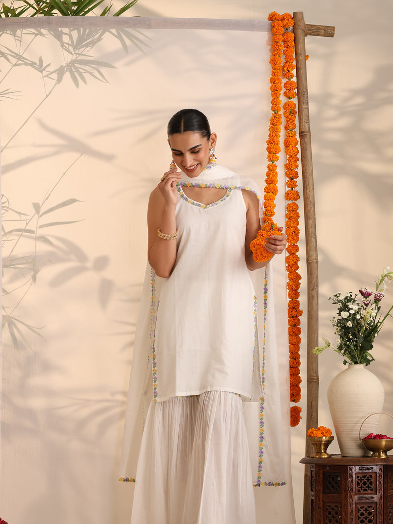 Khushal K Women Cotton Kurta and Sharara With Dupatta Set - White