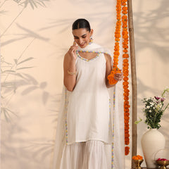 Khushal K Women Cotton Kurta and Sharara With Dupatta Set - White