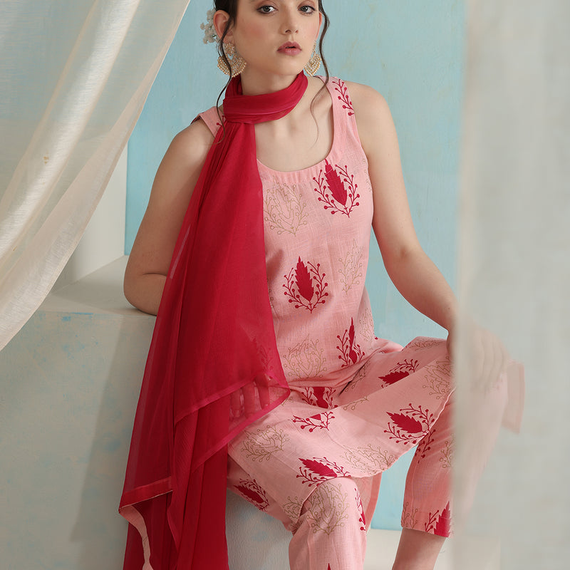 Floral Printed Pure Cotton Straight Kurta with Trousers & Dupatta - Pink - Khushal K - Image 4