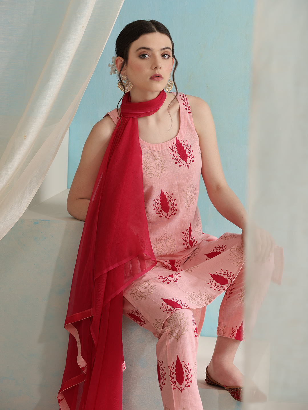 Floral Printed Pure Cotton Straight Kurta with Trousers & Dupatta