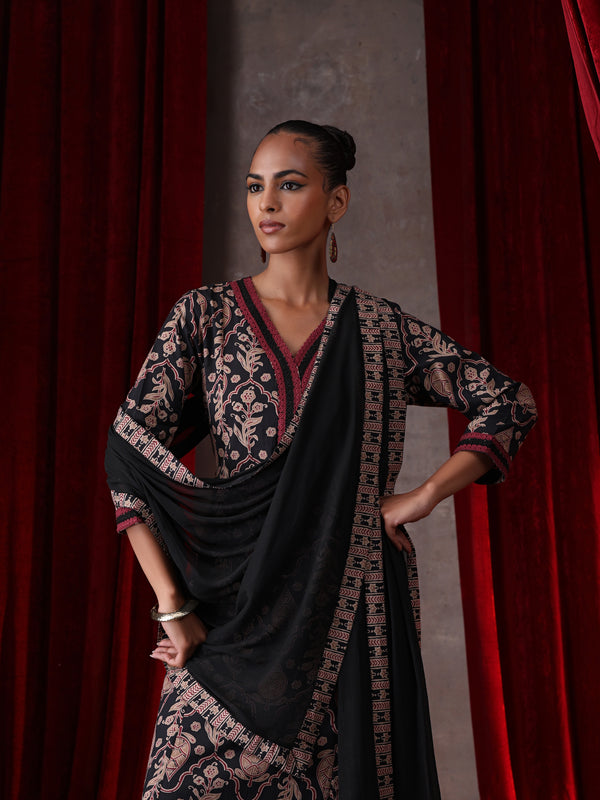 Khushal K Women Cotton kurta and palazzo with dupatta set - Black