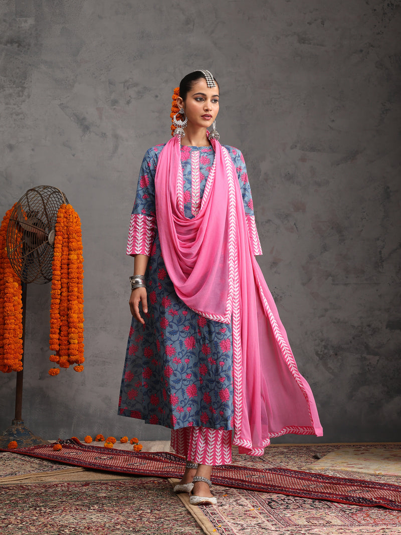 Khushal K Women Cotton Kurta Palazzo Dupatta Set - Blue