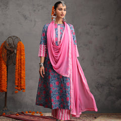 Khushal K Women Cotton Kurta Palazzo Dupatta Set - Blue