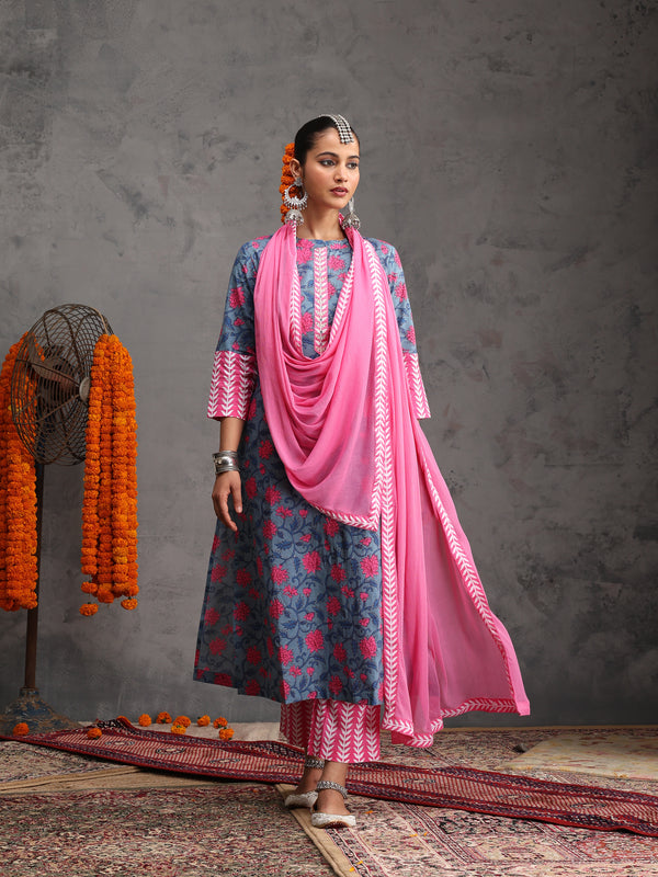 Khushal K Women Cotton Kurta Palazzo Dupatta Set - Blue