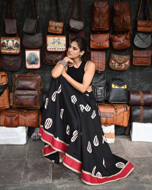 Khushal K Women's Black Printed Cotton Flared Maxi Skirt