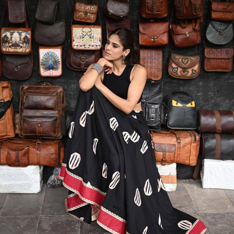 Khushal K Women's Black Printed Cotton Flared Maxi Skirt
