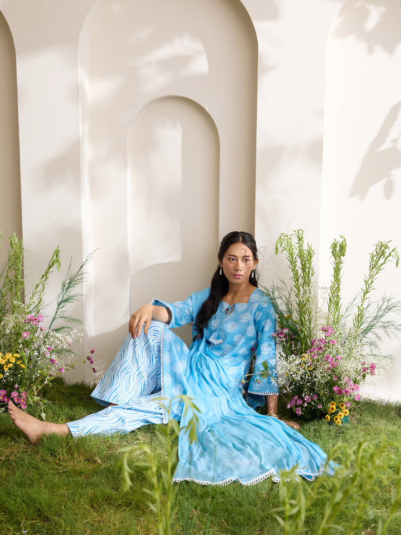 Khushal K Women Cotton Kurti And Farshi Salwar  With Dupatta Set - Blue
