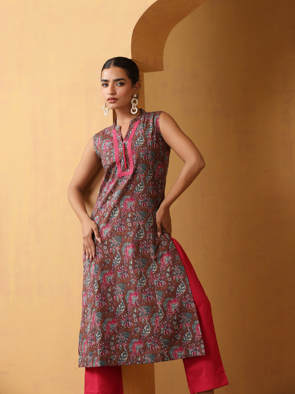 Khushal K Floral Printed Mandarin Collar Pure Cotton Straight Kurta set