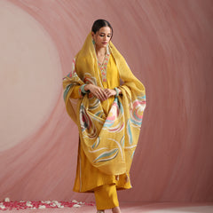 Khushal K Women Pure Silk yellow Embroidered Kurta & Palazzo With Dupatta