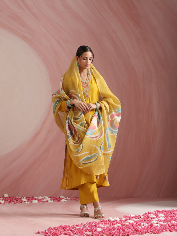 Khushal K Women Pure Silk yellow Embroidered Kurta & Palazzo With Dupatta