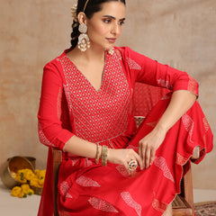 Red & Gold Printed Kurta with Trousers & Dupatta
