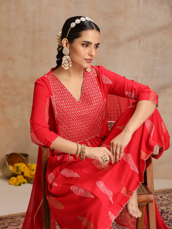 Red & Gold Printed Kurta with Trousers & Dupatta