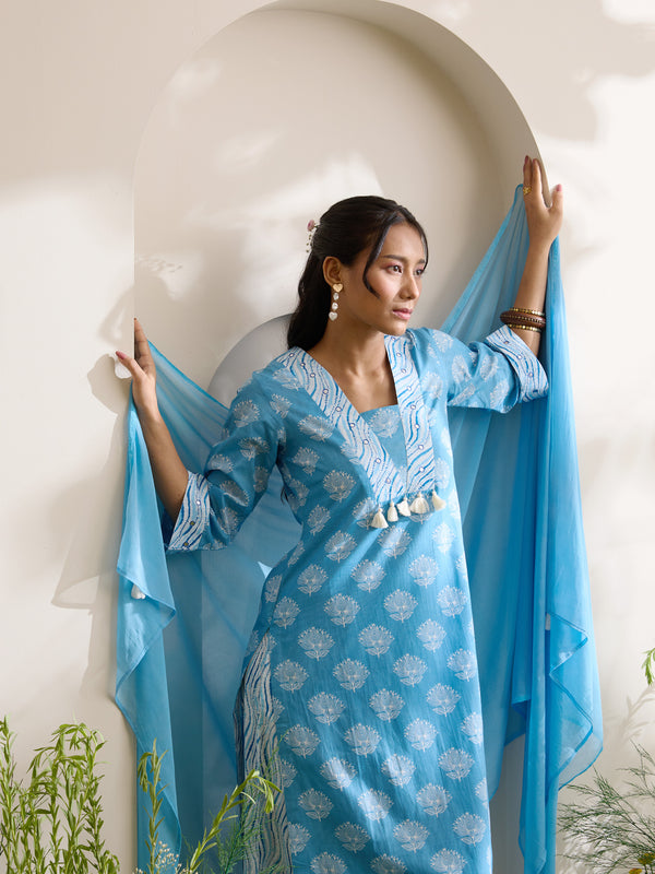 Khushal K Women Cotton Kurta And Palazzo With Dupatta Set - Blue