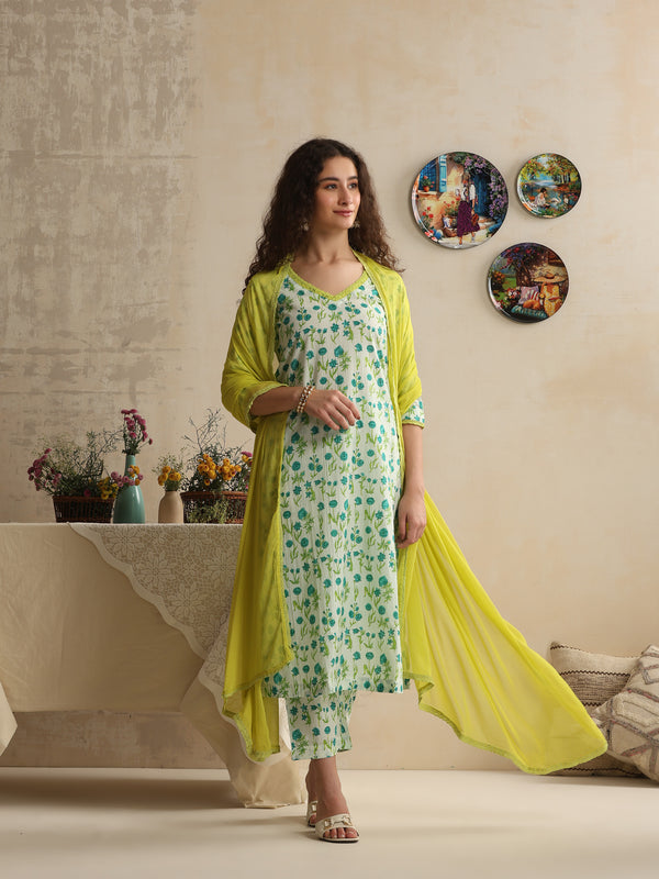 Khushal K Women Floral Printed Regular Pure White Cotton Kurta & Palazzo With Dupatta