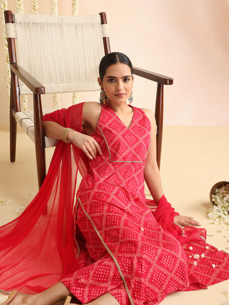 Women Bandhani Printed Kurta with Palazzos & Dupatta