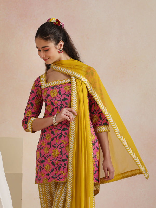 Khushal K Women Cotton Kurta Palazzo Dupatta Set - Pink