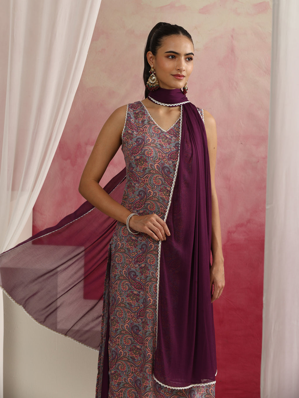 Paisley Printed Sleeveless Straight Kurta with Palazzos & Dupatta