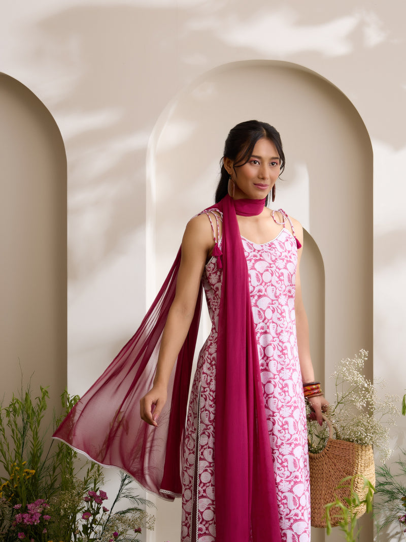Khushal K Women Cotton Kurta And Palazzo With Dupatta Set - Maroon