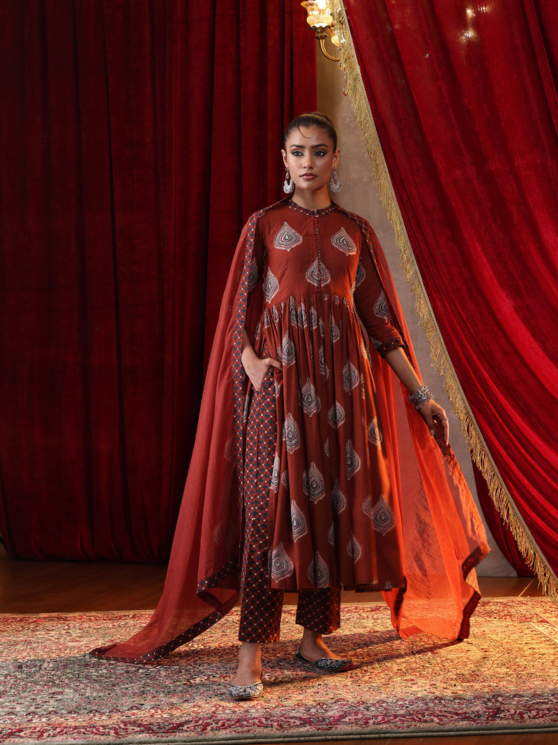 Khushal K Women Cotton kurta and palazzo with dupatta set - Rust