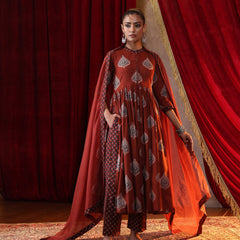 Khushal K Women Cotton kurta and palazzo with dupatta set - Rust