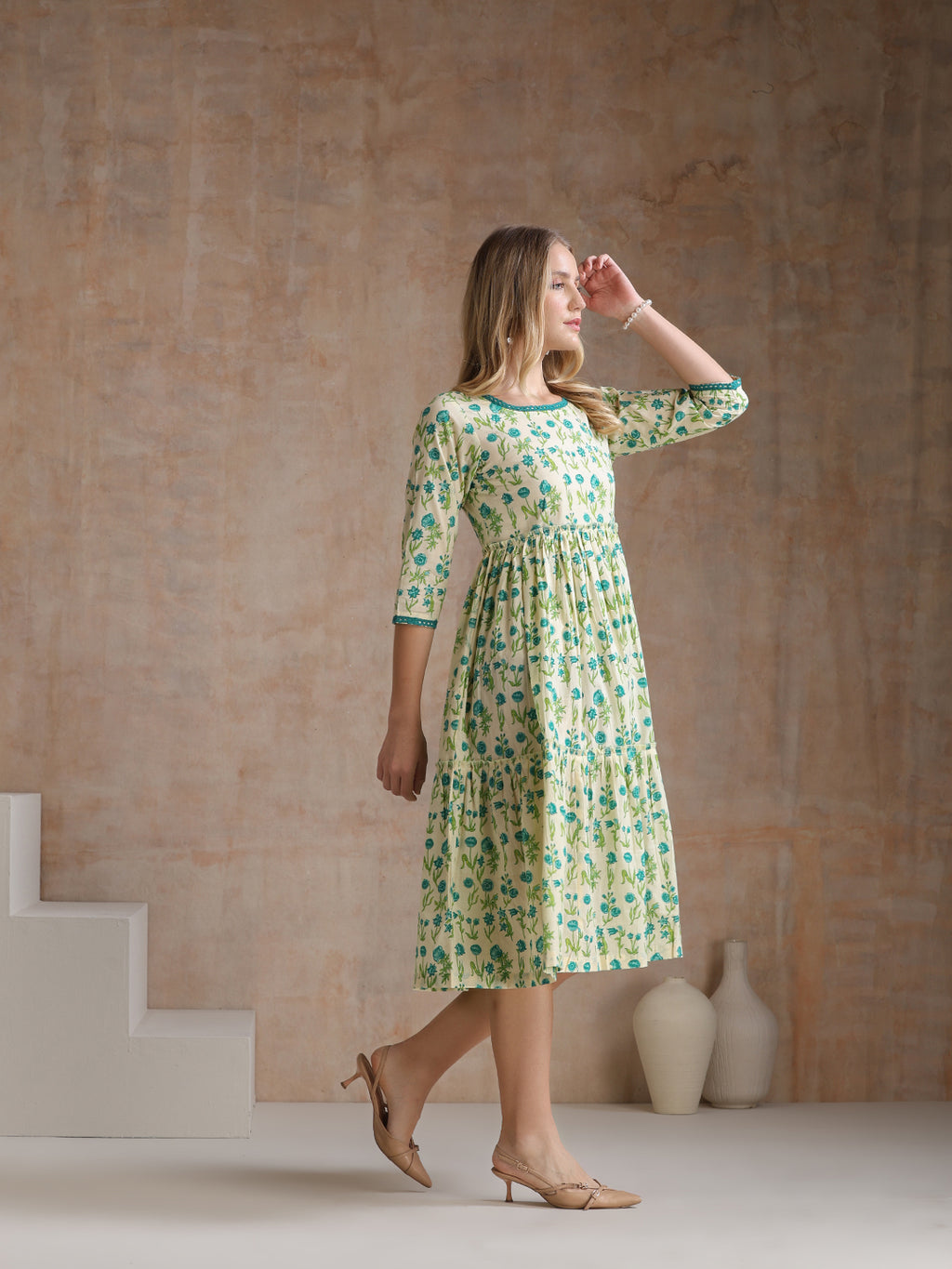 Women Floral Print Tiered Fit & Flare Midi Dress