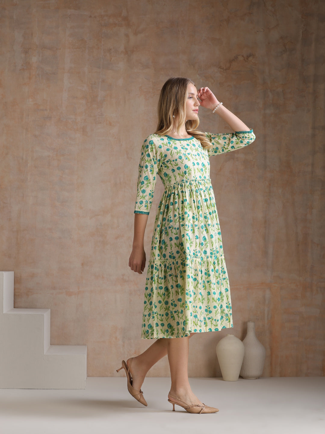 Women Floral Print Tiered Fit & Flare Midi Dress