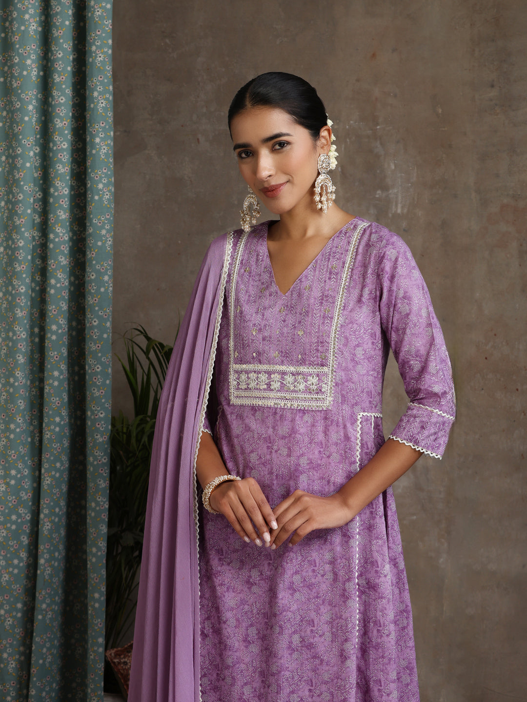 Purple and white Kurta with trouser & dupatta