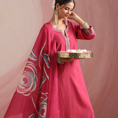 Khushal K Women Pure Silk pink Embroidered Kurta & Palazzo With Dupatta