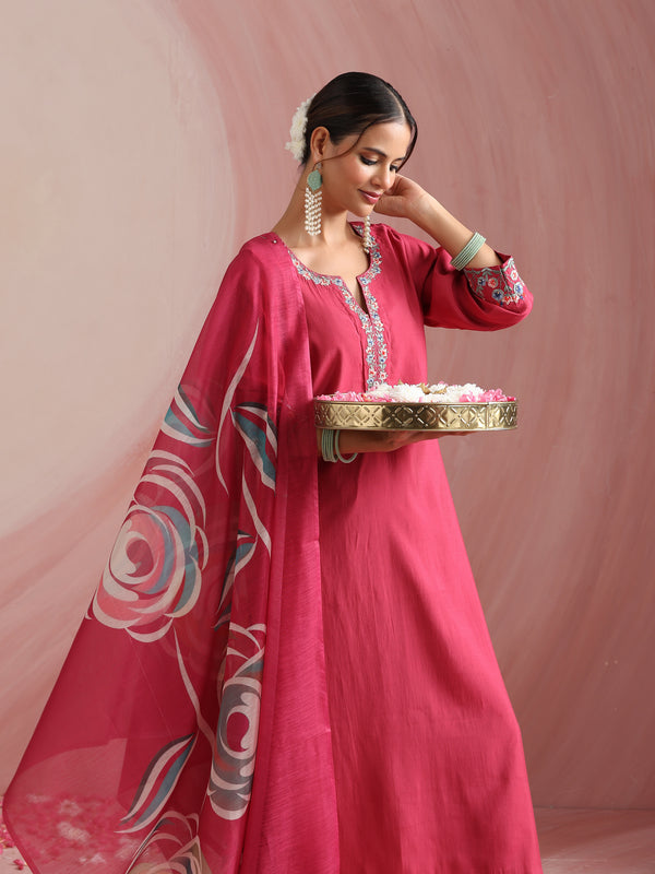 Khushal K Women Pure Silk pink Embroidered Kurta & Palazzo With Dupatta
