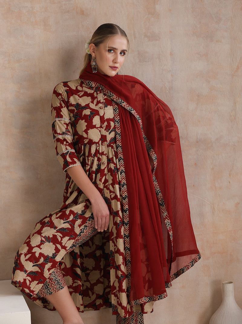 Women Floral Printed Regular Pure Cotton Kurta with Palazzos & With Dupatta