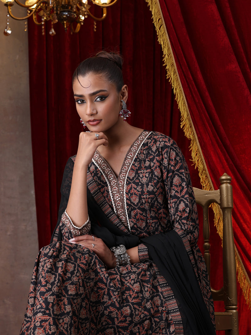 Khushal K Women Cotton kurta and palazzo with dupatta set - Black