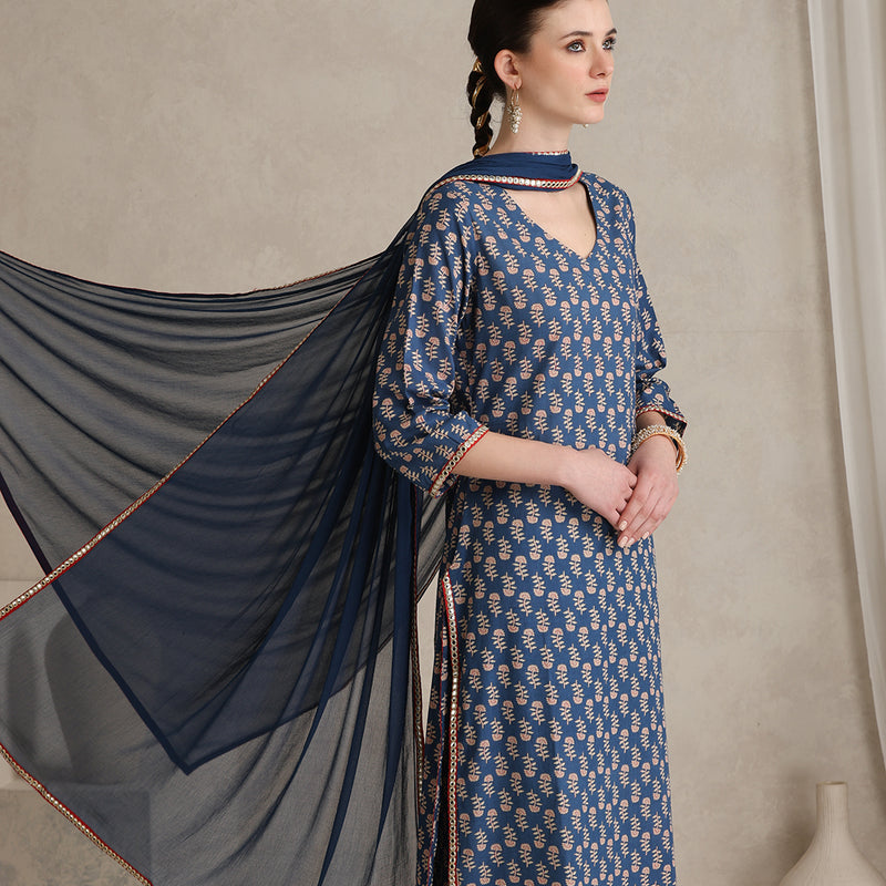Floral Printed V-Neck Pure Cotton Kurta with Palazzos and Dupatta - Blue - Khushal K - Image 4