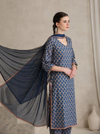 Floral Printed V-Neck Pure Cotton Kurta With Palazzos And Dupatta