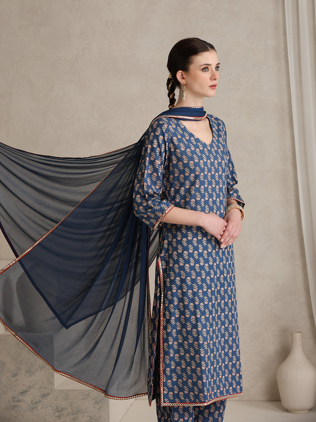 Floral Printed V-Neck Pure Cotton Kurta With Palazzos And Dupatta