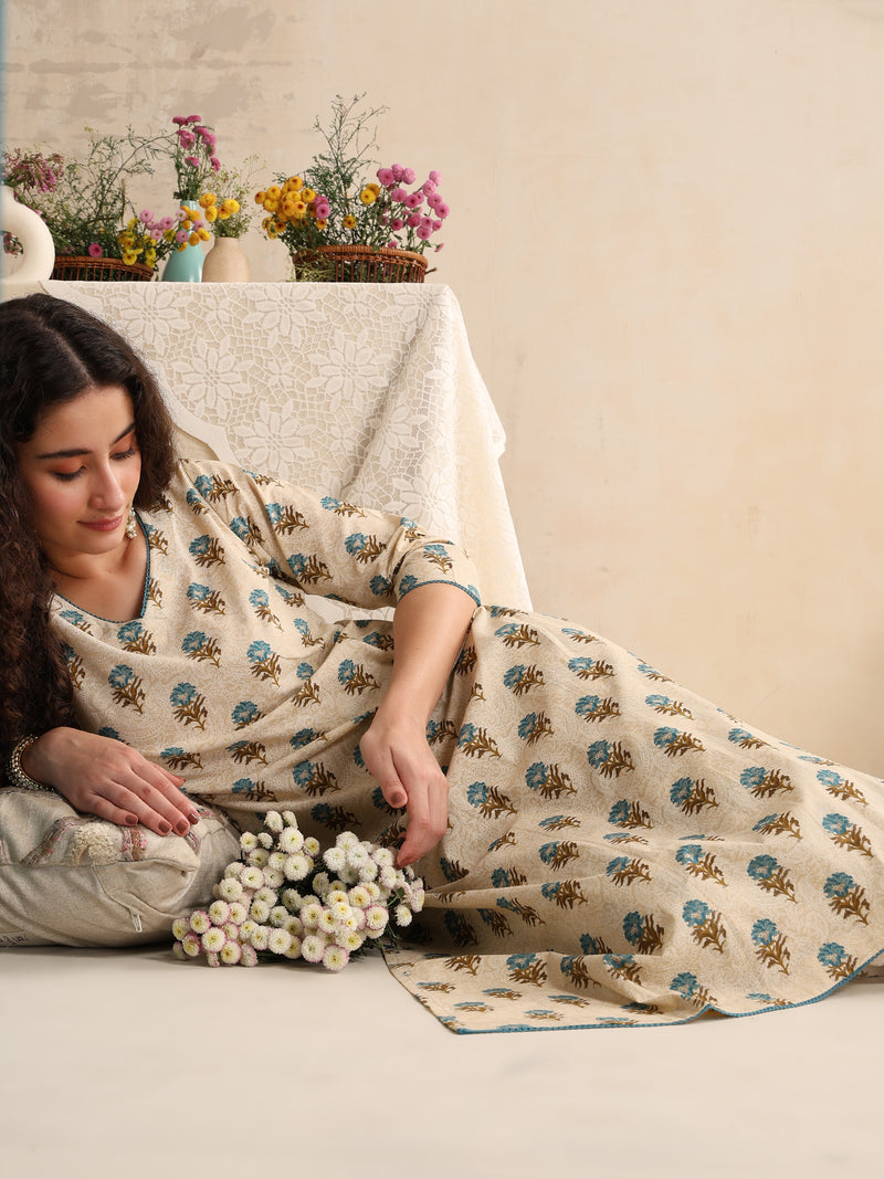 Khushal K Women Cream Floral Printed Regular Pure Cotton Kurta & Palazzo With Dupatta
