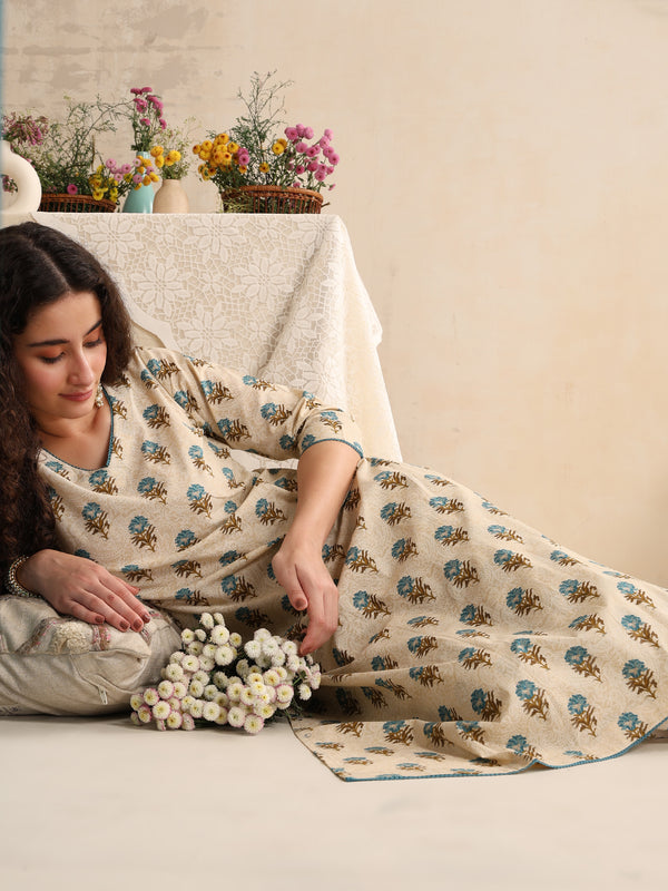 Khushal K Women Cream Floral Printed Regular Pure Cotton Kurta & Palazzo With Dupatta