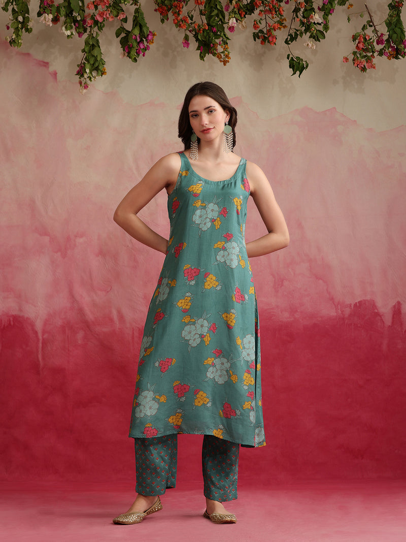 Floral Printed Layered Cord Set With Jacket