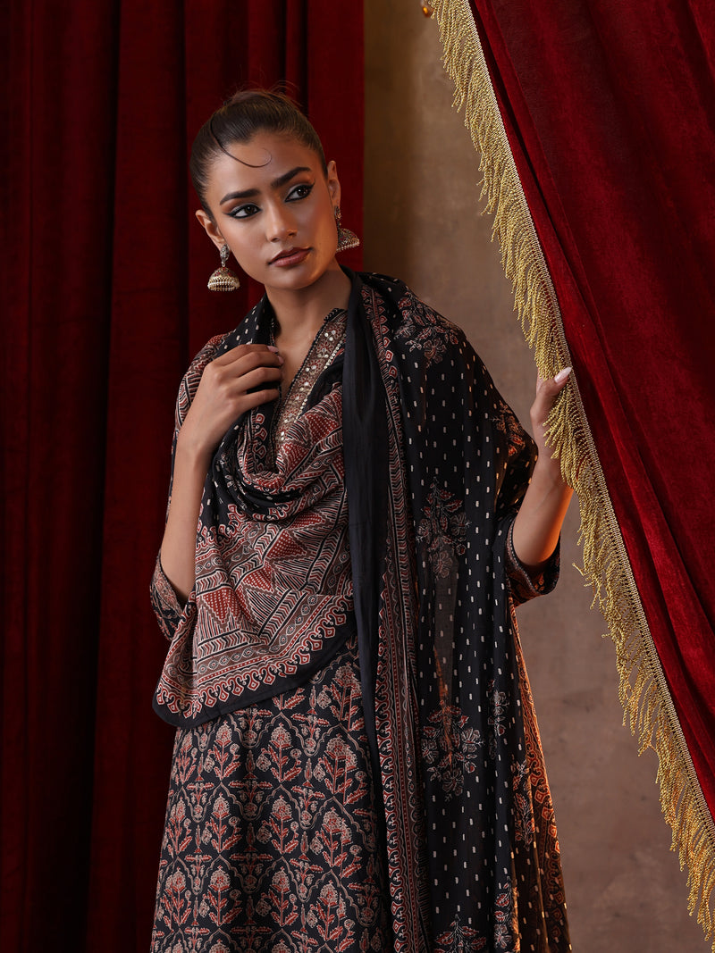 Khushal K Women Cotton kurta and palazzo with dupatta set - Black