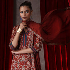 Khushal K Women Cotton kurta and palazzo with dupatta set - Rust