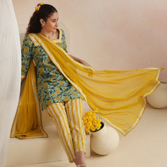Khushal K Women Cotton Kurta Palazzo Dupatta Set - Green
